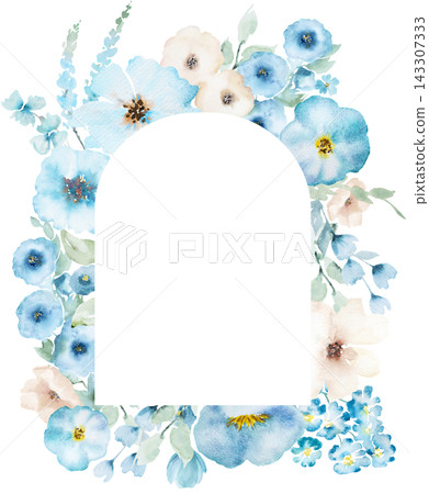Watercolor floral frame with light blue and beige flowers isolated illustration for wedding stationery Watercolor floral frame with light blue and beige flowers isolated illustration for wedding stationery 143307333
