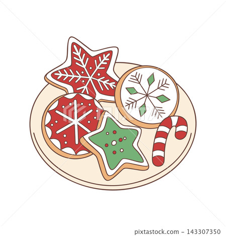 Plate with Christmas Cookies. Holiday Food. Festive Hand Drawn Illustration. Plate with Christmas Cookies. Holiday Food. Festive Hand Drawn Illustration. 143307350