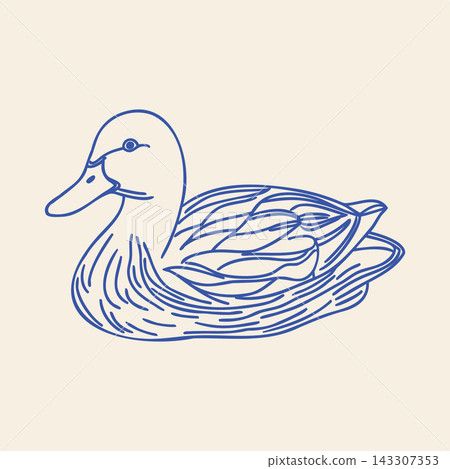 Blue Hand Drawn Line Art Duck. Farm Animal Illustration. Blue Hand Drawn Line Art Duck. Farm Animal Illustration. 143307353