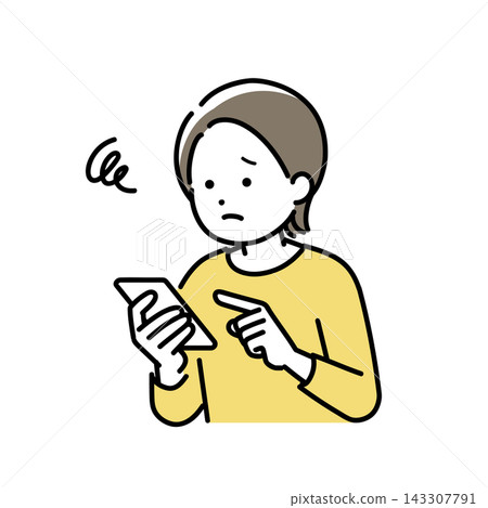 一幅年輕女子神情憂慮地操作智慧型手機的插圖。 一幅年輕女子神情憂慮地操作智慧型手機的插圖。 143307791