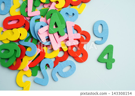 Number wood block cubes for learning Mathematic, education math concept. 143308154