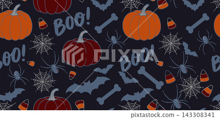 Seamless Halloween pattern with pumpkins, bats, spiders, webs, bones, candy corn, and spooky boo lettering on dark background, creating playful decorative wrap for seasonal products and party decor. Seamless Halloween pattern with pumpkins, bats, spiders, webs, bones, candy corn, and spooky boo lettering on dark background, creating playful decorative wrap for seasonal products and party decor. 143308341