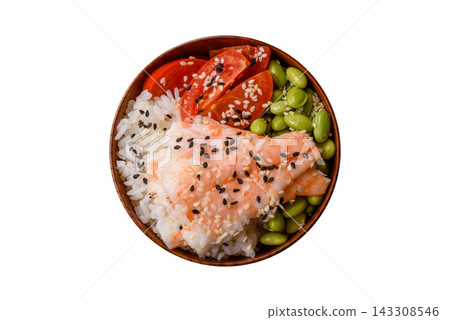 An Asian style bowl with shrimp, edamame, tomatoes, and wakame. A shrimp and vegetable bowl An Asian style bowl with shrimp, edamame, tomatoes, and wakame. A shrimp and vegetable bowl 143308546
