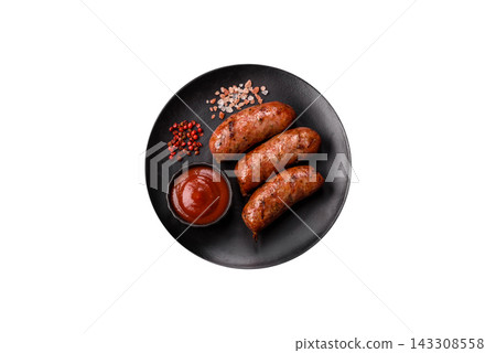 Grilled chicken or pork sausages seasoned with salt and spices. Grilled sausages Grilled chicken or pork sausages seasoned with salt and spices. Grilled sausages 143308558
