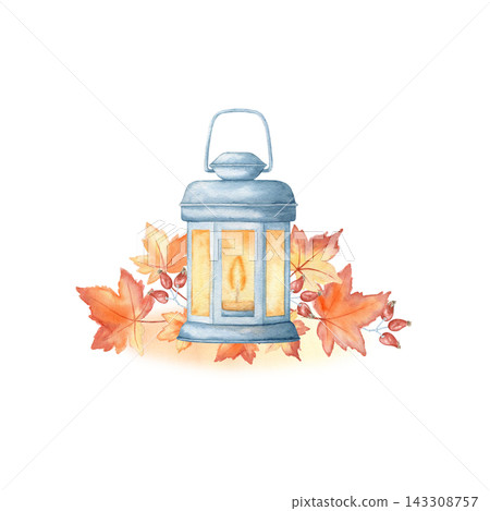 Blue lantern, candle, maple leaves and berries watercolor autumn isolated illustration. Hand drawn cozy seasonal clipart for Thanksgiving and fall home decor. Drawing in rustic style and bright colors Blue lantern, candle, maple leaves and berries watercolor autumn isolated illustration. Hand drawn cozy seasonal clipart for Thanksgiving and fall home decor. Drawing in rustic style and bright colors 143308757