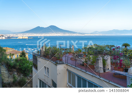 Rooftop terrace garden overlooking the Gulf of Naples and Mount Vesuvius in Italy Rooftop terrace garden overlooking the Gulf of Naples and Mount Vesuvius in Italy 143308804