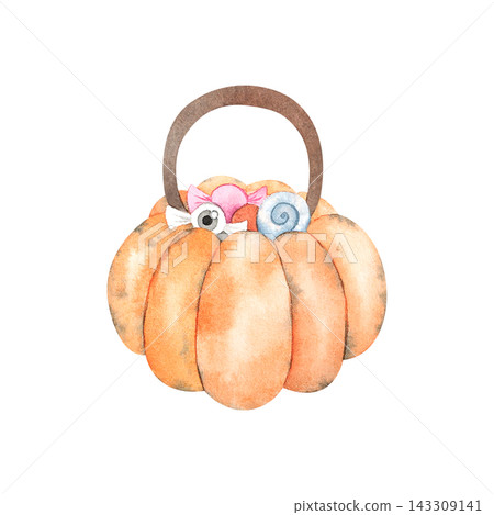 A cute watercolor orange pumpkin bucket for sweets and candies. A hand-drawn, cartoon-style Halloween treat container for kids. Perfect for trick-or-treat fun. a candy bag to complement a costume. A cute watercolor orange pumpkin bucket for sweets and candies. A hand-drawn, cartoon-style Halloween treat container for kids. Perfect for trick-or-treat fun. a candy bag to complement a costume. 143309141