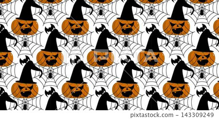 Spooky Halloween repeat pattern vectors background with pumpkins and spiderwebs Spooky Halloween repeat pattern vectors background with pumpkins and spiderwebs 143309249