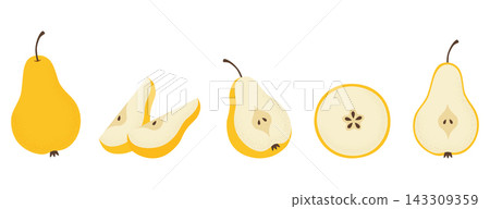Yellow pear whole fruit, slices, half and cross section cutout element set with stem and seeds Yellow pear whole fruit, slices, half and cross section cutout element set with stem and seeds 143309359