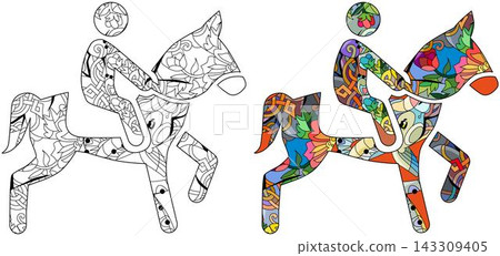 Equestrian icon for coloring. Olympic sport. Abstract hand drawing. Equestrian icon for coloring. Olympic sport. Abstract hand drawing. 143309405