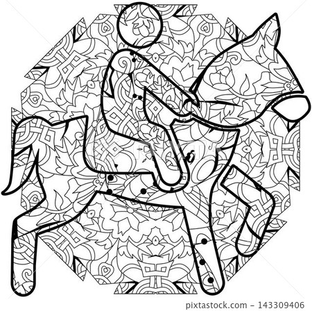 Equestrian icon for coloring. Olympic sport. Abstract hand drawing. Equestrian icon for coloring. Olympic sport. Abstract hand drawing. 143309406