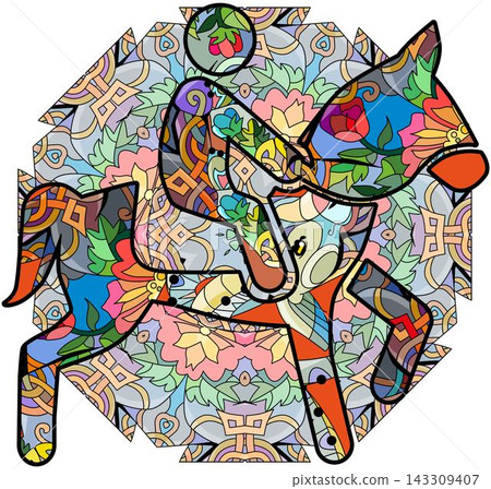 Equestrian icon on mandala. Olympic sport. Abstract hand drawing. Equestrian icon on mandala. Olympic sport. Abstract hand drawing. 143309407