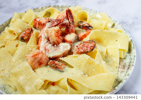 papardelle pasta in creamy sauce with seafood, homemade, no people, papardelle pasta in creamy sauce with seafood, homemade, no people, 143309441
