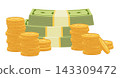 Stack of cash. Gold coins and banknotes with dollar sign. Bank, finance, investment, profit or gain concept 143309472