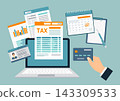 Tax payment concept with paper documents, forms, calendar, laptop, and bank card 143309533