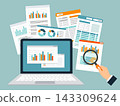 Financial audit and business analysis concept. Man's hand with magnifying glass above graphics and charts. Market research, management, data, planning, accounting 143309624