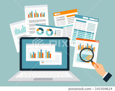 Financial audit and business analysis concept. Man's hand with magnifying glass above graphics and charts. Market research, management, data, planning, accounting Financial audit and business analysis concept. Man's hand with magnifying glass above graphics and charts. Market research, management, data, planning, accounting 143309624