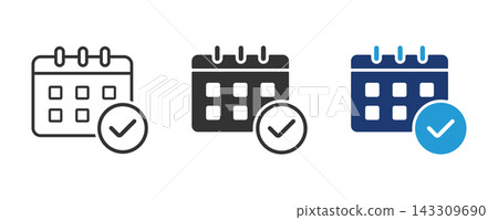 Calendar Icons with Check Mark for Schedule Planning and Events, Schedule calendar icon filled and outline. 143309690