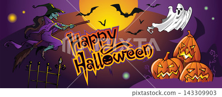 Happy Halloween greeting card with handwritten text, banner with witch, pumpkins and ghosts, vector illustration 143309903