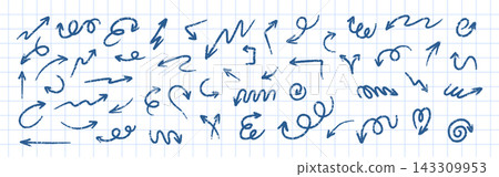 Blue arrows with pen texture. Grunge wavy, spiral, circle and curve lines. Doodle pencil texture elements. Vector set on checkered notebook sheet 143309953