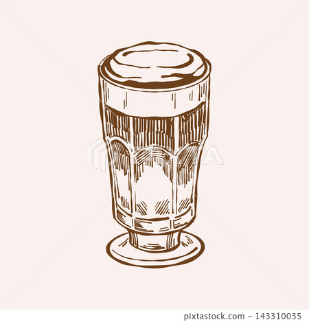 Line sketch of a coffee drink for a coffee shop menu. Raf coffee. Vintage brown outline clipart on an isolated background. Line sketch of a coffee drink for a coffee shop menu. Raf coffee. Vintage brown outline clipart on an isolated background. 143310035