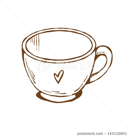 Cute empty ceramic mug with a heart, for tea and coffee. Isolated linear retro vector illustration. Autumn art accessory. Cute empty ceramic mug with a heart, for tea and coffee. Isolated linear retro vector illustration. Autumn art accessory. 143310041