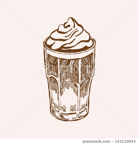 Line art of a coffee drink for a coffee shop menu. Milkshake. Vintage brown outline clipart on an isolated background. Line art of a coffee drink for a coffee shop menu. Milkshake. Vintage brown outline clipart on an isolated background. 143310043