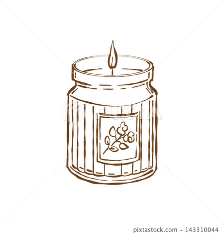 Hand-drawn modern candle in a glass jar. Vector isolated outline illustration in a sketch style. Hand-drawn modern candle in a glass jar. Vector isolated outline illustration in a sketch style. 143310044