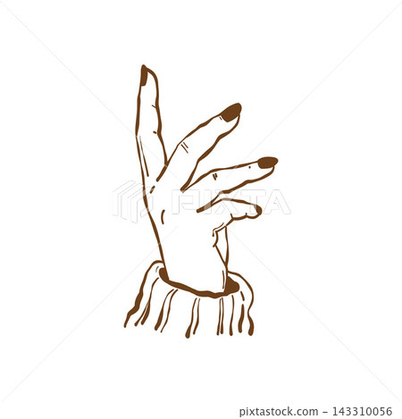 A womans hand in a sweater. Vintage isolated outline illustration. Brown vector sketch. Line clipart A womans hand in a sweater. Vintage isolated outline illustration. Brown vector sketch. Line clipart 143310056
