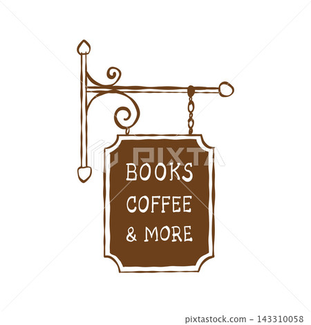 Vintage Books and Coffee street sign. Outdoor signage for a bookstore and coffee shop. Isolated vector outline illustration. Linear clipart. Vintage Books and Coffee street sign. Outdoor signage for a bookstore and coffee shop. Isolated vector outline illustration. Linear clipart. 143310058