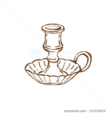 Vintage brass candlestick, illustration in antique sketch style. Vector isolated outline clipart.  143310059