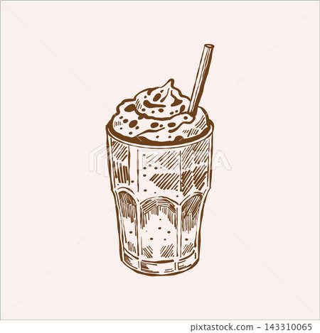 Line sketch of a coffee drink for a coffee shop menu. Milkshake. Vintage brown outline clipart on an isolated background. Line sketch of a coffee drink for a coffee shop menu. Milkshake. Vintage brown outline clipart on an isolated background. 143310065