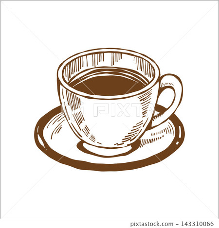 A cup of Americano or espresso. Line sketch of a coffee drink for a coffee shop menu. Vintage brown outline clipart on an isolated background. A cup of Americano or espresso. Line sketch of a coffee drink for a coffee shop menu. Vintage brown outline clipart on an isolated background. 143310066