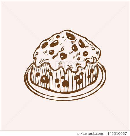 Homemade chocolate cake on a plate. Isolated vector illustration of a sweet treat. Hand-drawn vintage sketch of a baked good. 143310067