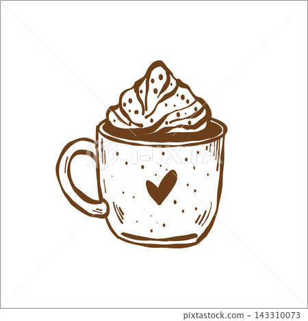 Line sketch of a coffee drink for a coffee shop menu. Caramel Latte. Vintage brown outline clipart on an isolated background. Line sketch of a coffee drink for a coffee shop menu. Caramel Latte. Vintage brown outline clipart on an isolated background. 143310073