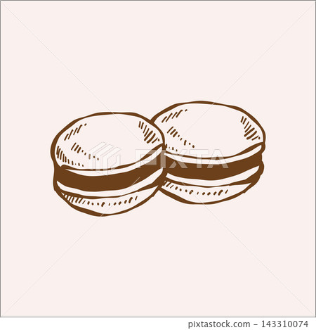 Macaroons hand drawn vector illustration. Isolated brown outline sketch. Vintage line clipart. Macaroons hand drawn vector illustration. Isolated brown outline sketch. Vintage line clipart. 143310074