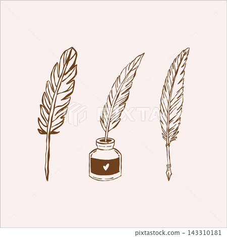 Vintage writing pen and inkwell. Collection of calligraphy pens. Brown linear illustration on a white background. Vector clipart Vintage writing pen and inkwell. Collection of calligraphy pens. Brown linear illustration on a white background. Vector clipart 143310181