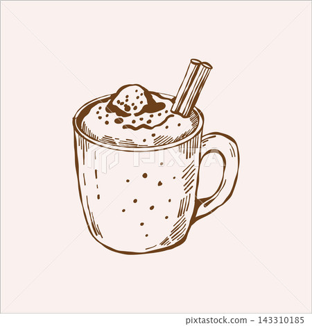 Coffee with cinnamon. Line sketch of a coffee drink for a coffee shop menu. Vintage brown outline clipart on an isolated background. Coffee with cinnamon. Line sketch of a coffee drink for a coffee shop menu. Vintage brown outline clipart on an isolated background. 143310185