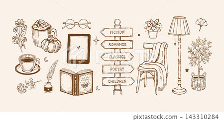 Cozy outline collection themed around books, coffee, libraries, coffee shops, and reading. A vintage set of sketch-style reading illustrations, isolated on beige. Vector illustration 143310284
