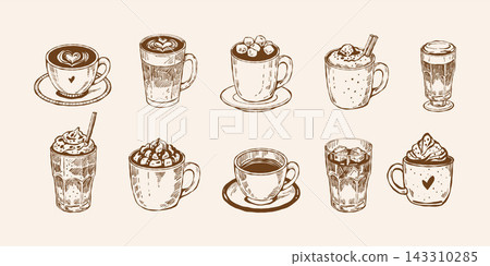 A set of line-art sketches of coffee drinks for a coffee shop menu. Cappuccino, Raf, Americano, latte, and other types of coffee. Vintage isolated outline clipart. Vector illustration A set of line-art sketches of coffee drinks for a coffee shop menu. Cappuccino, Raf, Americano, latte, and other types of coffee. Vintage isolated outline clipart. Vector illustration 143310285