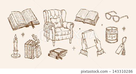 A cozy collection of outline illustrations themed around books, libraries, and reading. A vintage set of sketch-style illustrations isolated on a beige background. A cozy collection of outline illustrations themed around books, libraries, and reading. A vintage set of sketch-style illustrations isolated on a beige background. 143310286