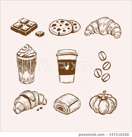 A set of hand-drawn doodle illustrations themed around baking and coffee. Sketches of croissants, cookies, chocolate, cappuccino, and latte for cafe menu design. Vintage vector clipart. A set of hand-drawn doodle illustrations themed around baking and coffee. Sketches of croissants, cookies, chocolate, cappuccino, and latte for cafe menu design. Vintage vector clipart. 143310288