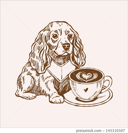 Cocker Spaniel dog with Coffee. Vector outline sketch on the theme of coffee, autumn, cute pets. Vintage illustration in beige and brown tones Cocker Spaniel dog with Coffee. Vector outline sketch on the theme of coffee, autumn, cute pets. Vintage illustration in beige and brown tones 143310307