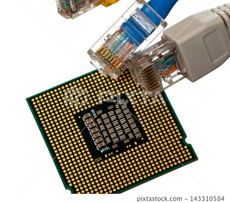 Ethernet Cables Connected to Computer Processor on White Ethernet Cables Connected to Computer Processor on White 143310584