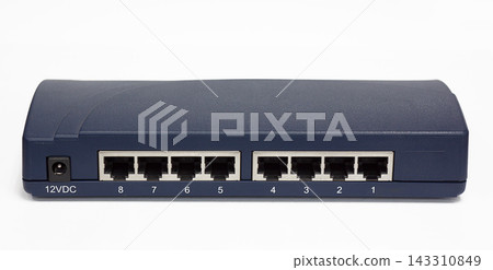 Ethernet Network Switch with Eight RJ45 Ports on White Background 143310849