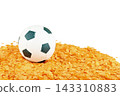 Soccer Ball on Orange Confetti Isolated on White Background 143310883