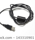 USB Cable on White Background, Black Electronic Connector Close Up 143310901