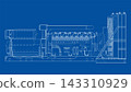 Industrial Generator Blueprint Technical Line Drawing on Blue Background 143310929