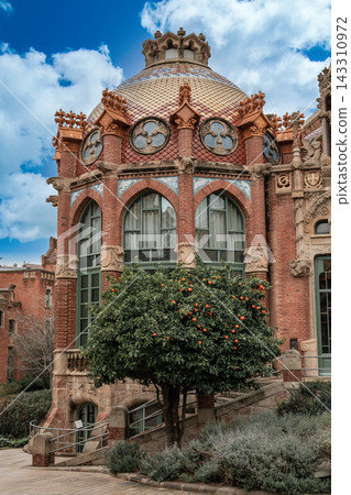 Ornate brick building facade with a tiled dome and an orange tree in Barcelona, Spain Ornate brick building facade with a tiled dome and an orange tree in Barcelona, Spain 143310972