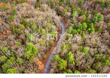 Car driving along mountain road surrounded by colorful autumn trees in Tennessee. Scenic road trip through the Appalachians in fall season 143311105